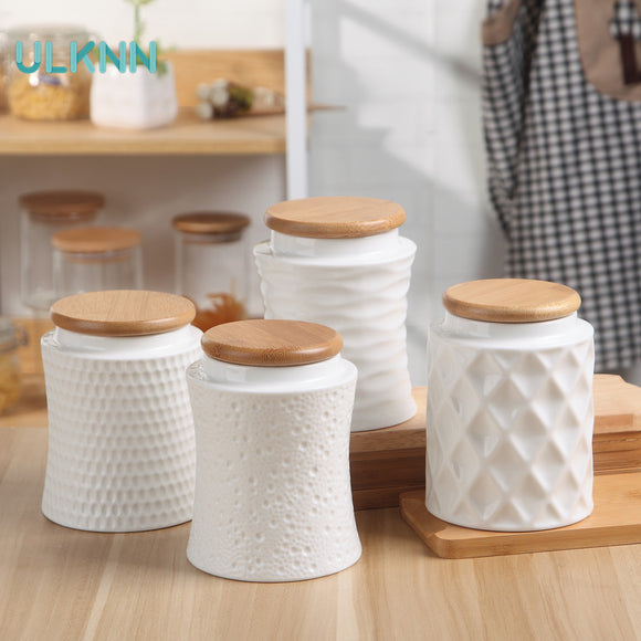 Japan Style Kitchen Ceramic Airtight Container Bamboo Cover
